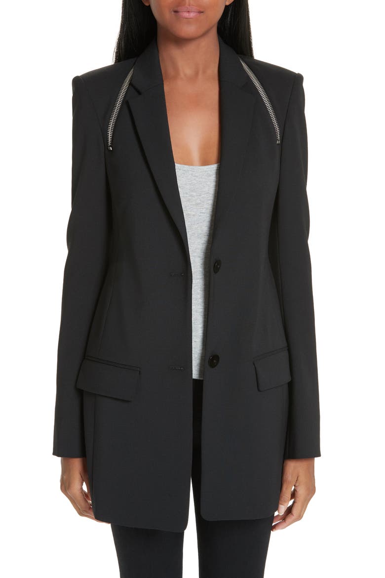 Zip Shoulder Stretch Wool Blend Blazer, Main, color, BLACK