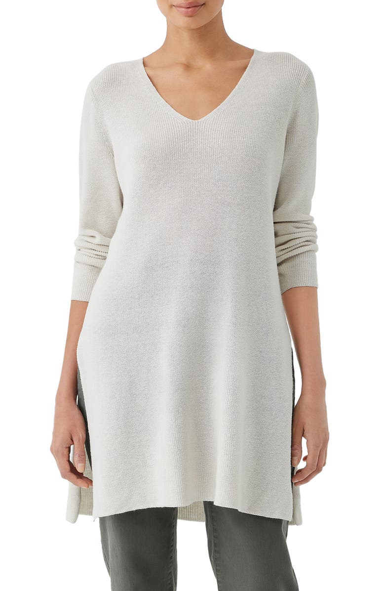 Eileen Fisher Organic Cotton V-Neck Tunic Sweater, Main, color, Bone