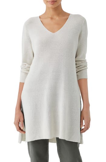 Eileen Fisher Organic Cotton V-neck Tunic Sweater In White