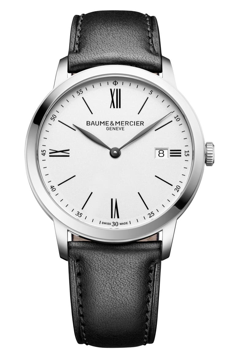 Classima Leather Strap Watch, 40mm, Main, color, SILVER