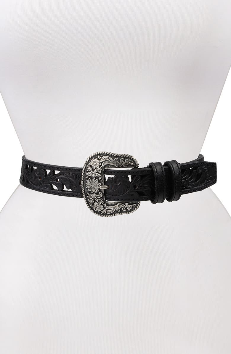 Frye Laser Cut Western Leather Belt, Alternate, color, Black