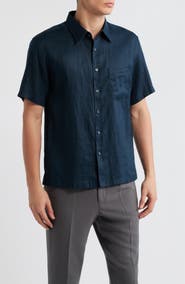 Theory Irving Solid Short Sleeve Linen Button-Up Shirt