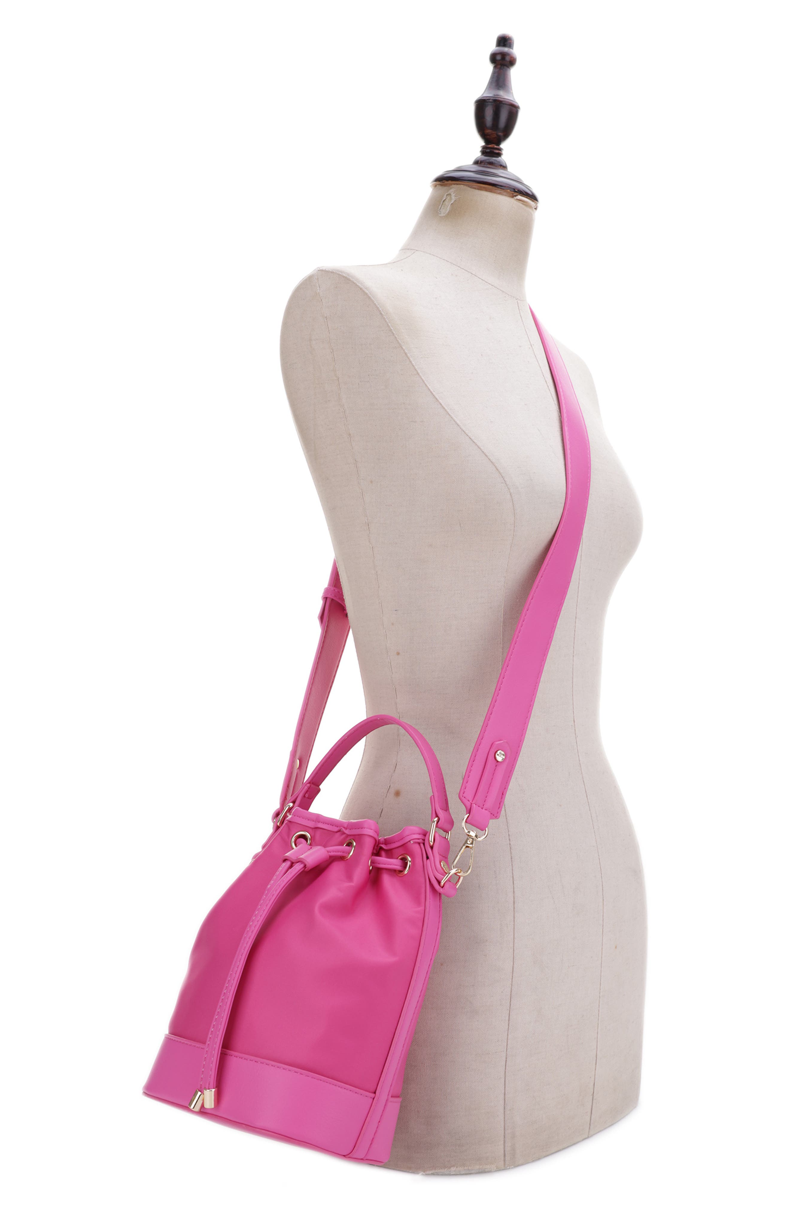 Mali + Lili Ella Nylon & Vegan Leather Bucket Bag, Alternate, color, Fuchsia