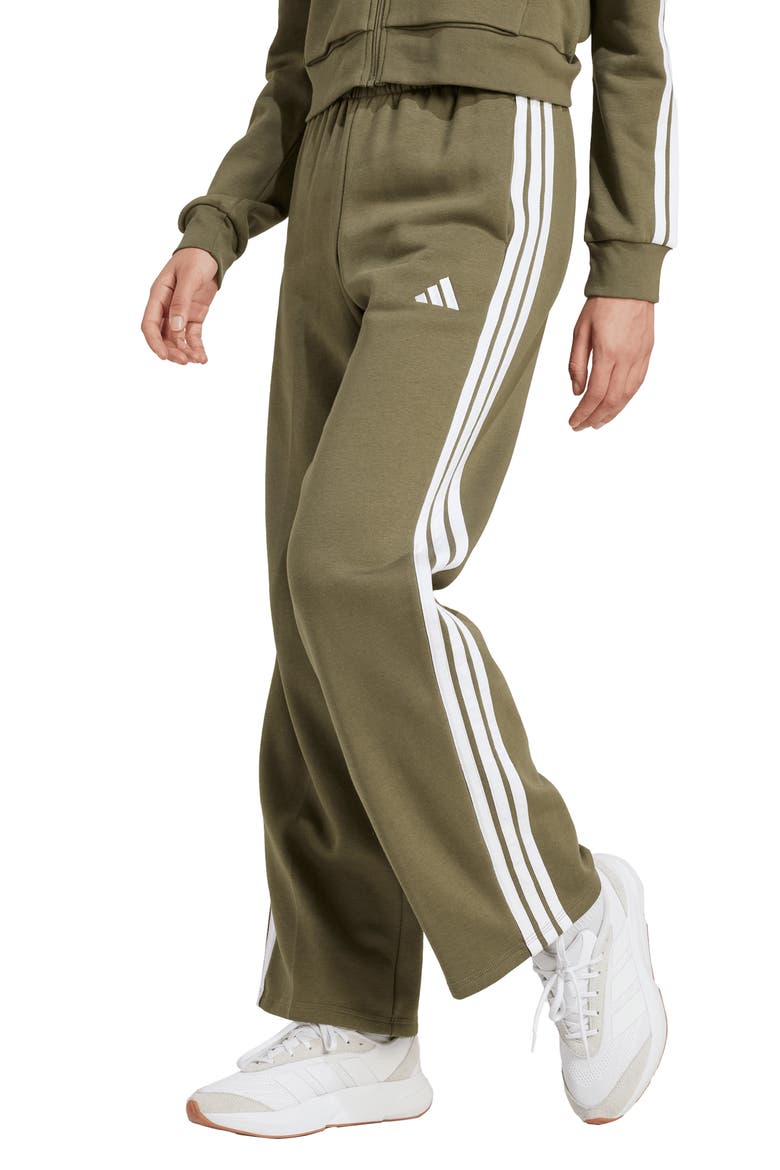 Essentials 3-Stripes Open Hem Fleece Pants, Main, color, OLIVE STRATA/ WHITE