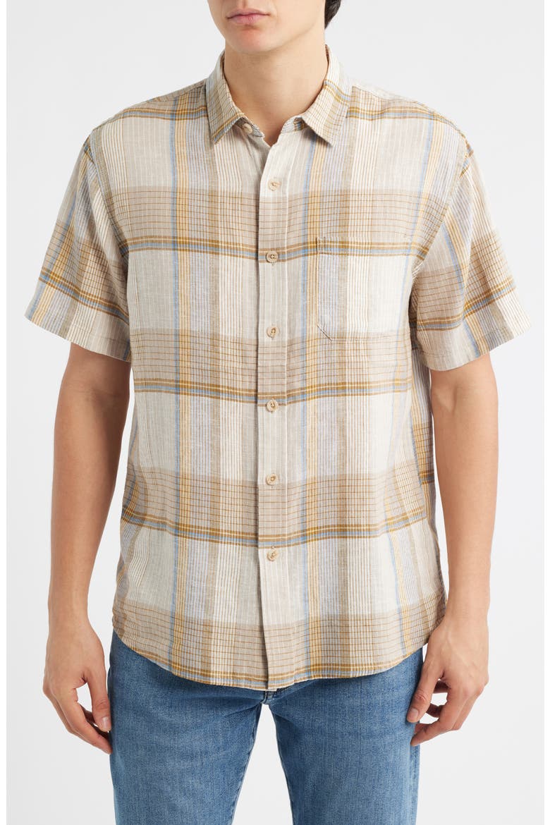 Dawson Plaid Short Sleeve Linen Blend Button-Up Shirt, Main, color, ECRU/ TAN/ BLUE PLAID