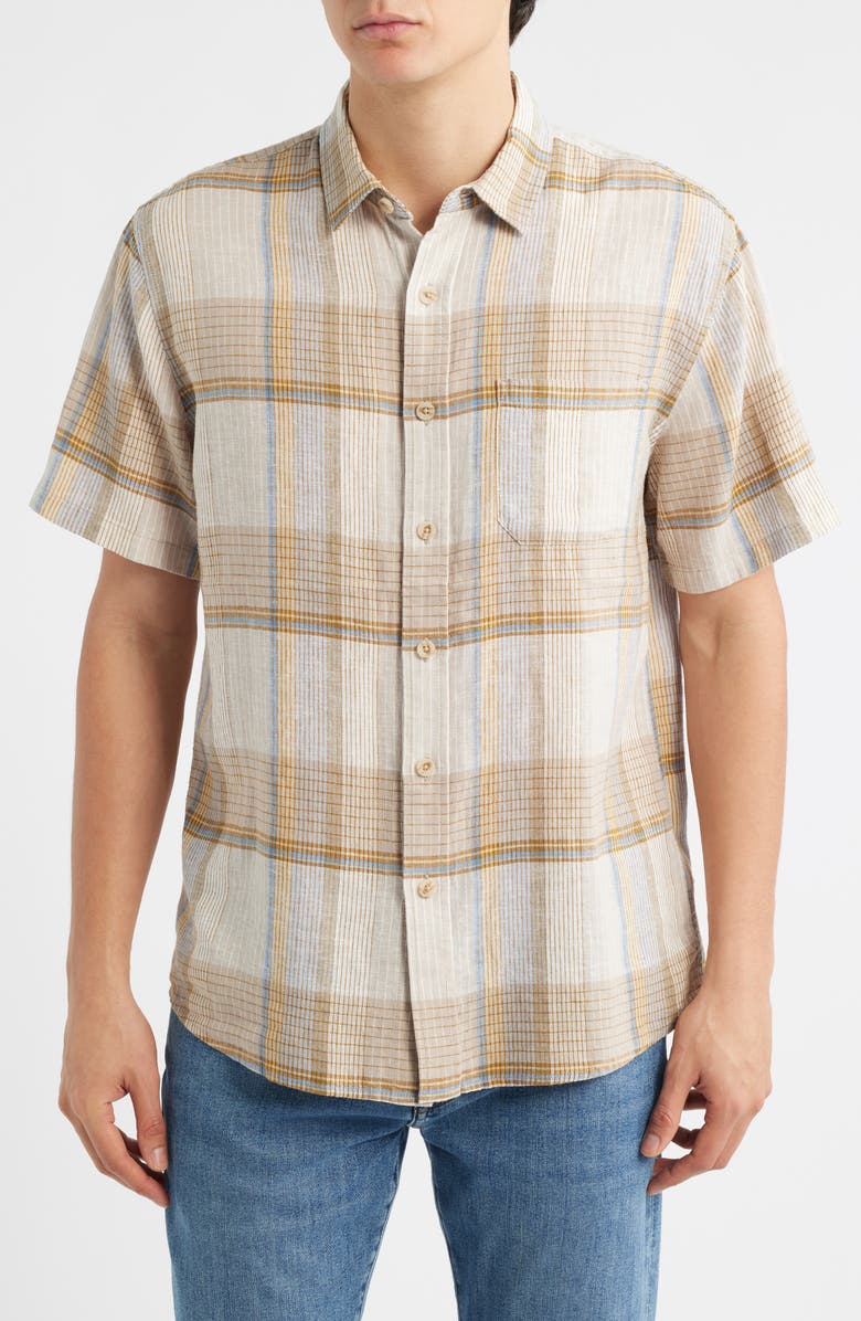 Pendleton Dawson Plaid Short Sleeve Linen Blend Button-Up Shirt, Main, color, Ecru/ Tan/ Blue Plaid