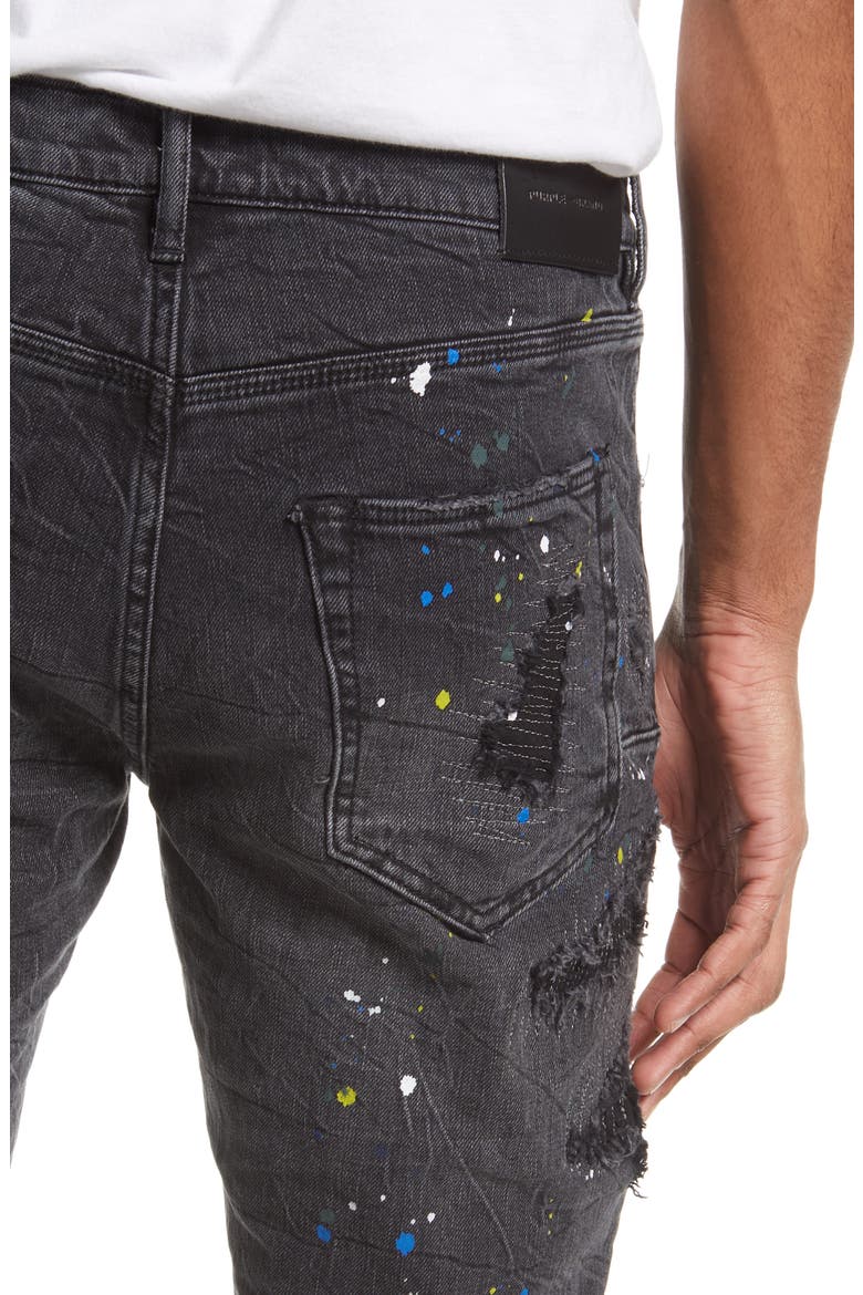 PURPLE Paint Splatter Ripped Knee Skinny Jeans, Alternate, color, BLACK REFLECTIVE REPAIR W/PAINT