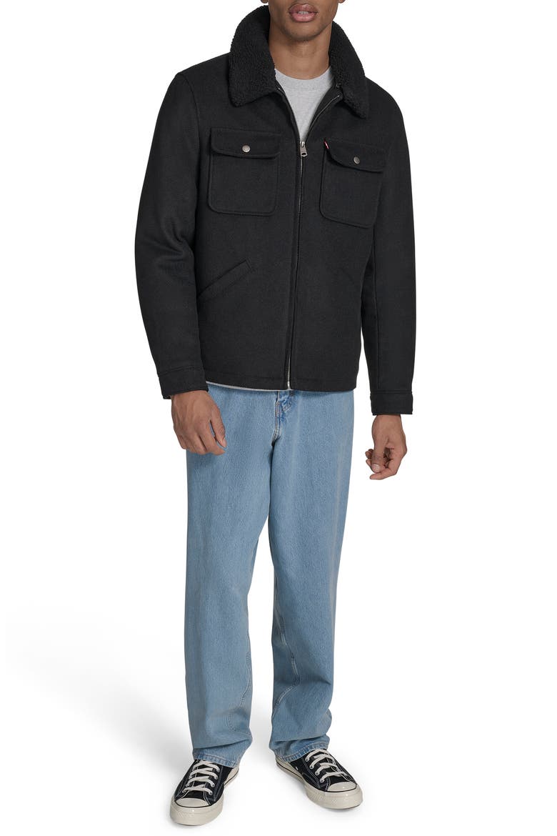 Brushed Twill Depot Jacket with Faux Shearling Collar, Alternate, color, BLACK