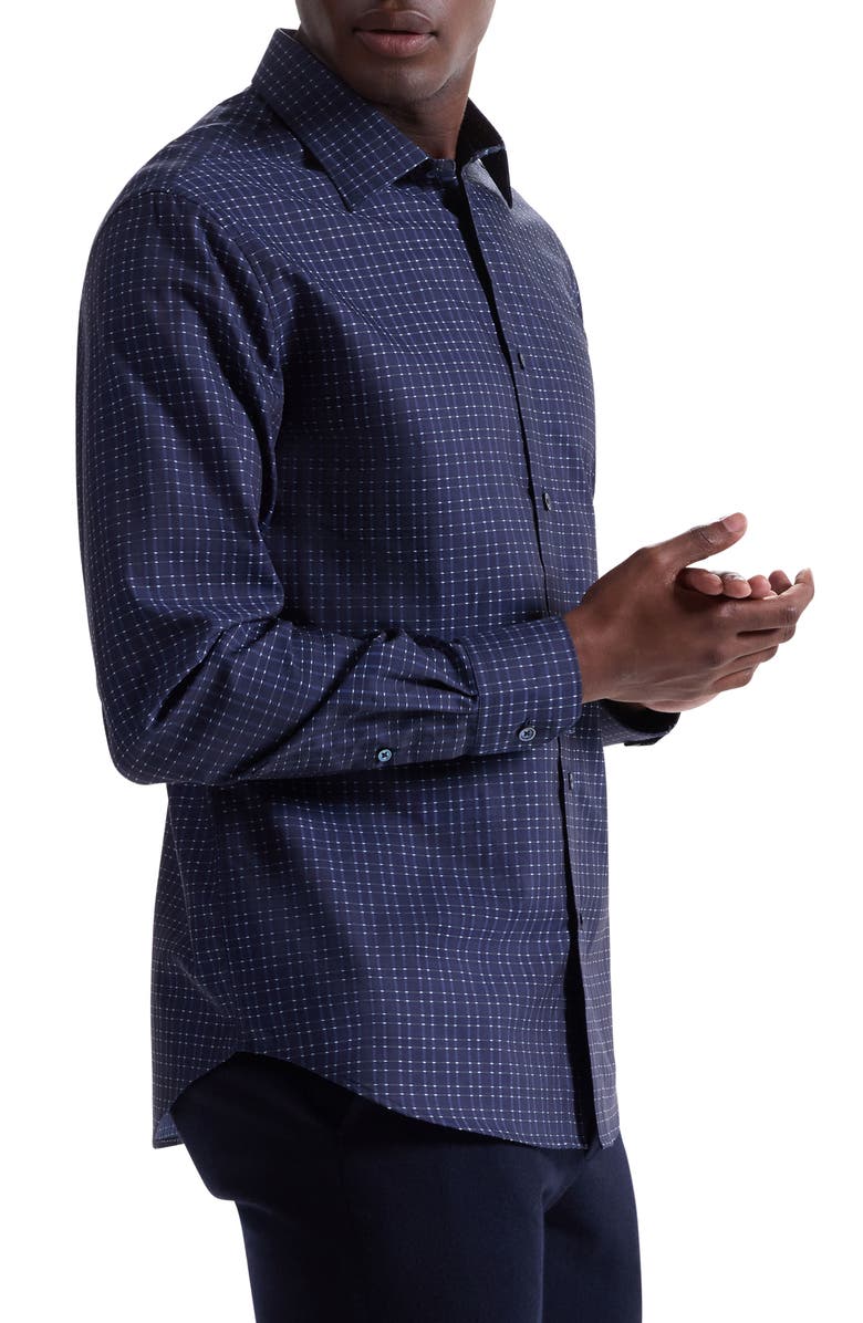 Bugatchi Julian Shaped Fit Check Cotton Button-Up Shirt, Alternate, color, Navy