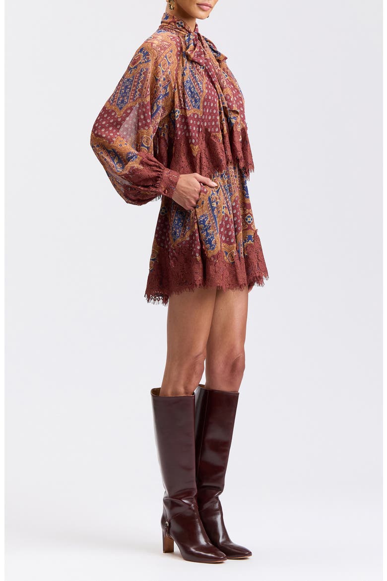 Long Sleeve Scarf Print Georgette Minidress, Alternate, color, COGNAC MEDALLION SCA
