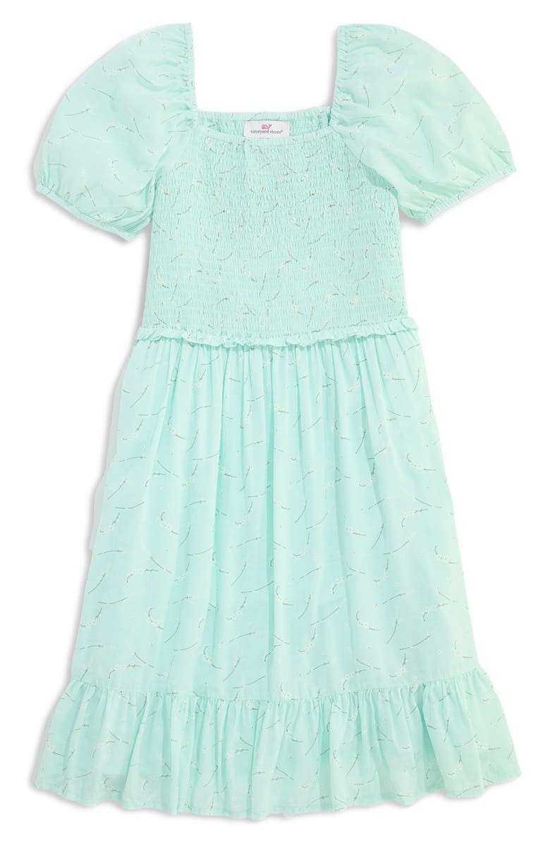 vineyard vines Kids' Smocked Bodice Puff Sleeve Cotton Blend Sundress, Main, color, Block Print Toucan