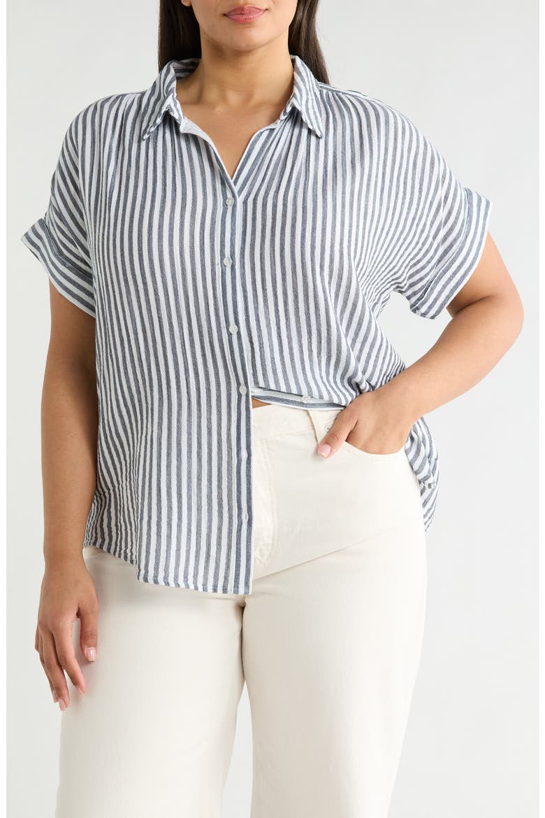 Stripe Short Sleeve Cotton Gauze Button-Up Shirt, Main, color, NAVY STILL- WHITE STRIPE