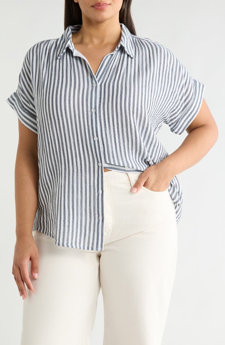 Caslon<sup>®</sup> Stripe Short Sleeve Cotton Gauze Button-Up Shirt, Main, color, 