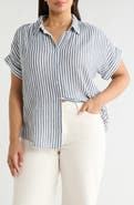 Caslon® Stripe Short Sleeve Cotton Gauze Button-Up Shirt