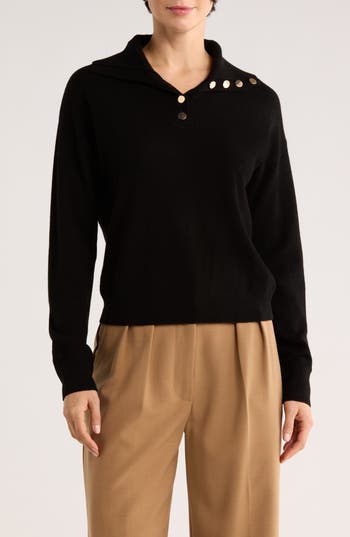 Bruno Magli Half Button Placket Wool & Cashmere Blend Sweater In Black