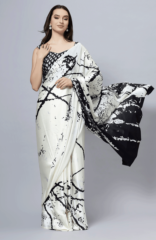 One Minute Saree® Camille Cream Satin Crepe Pre-draped Saree With Black Print