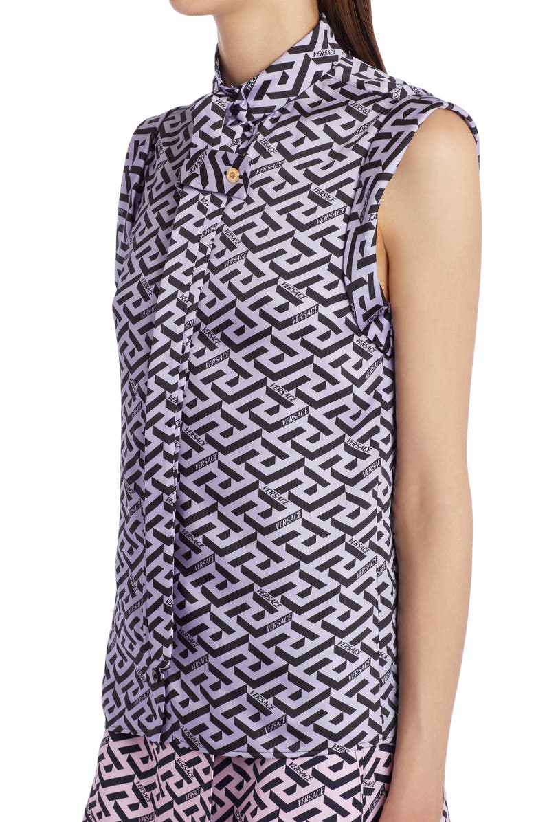 Versace La Greca Monogram Sleeveless Silk Twill Blouse, Alternate, color,