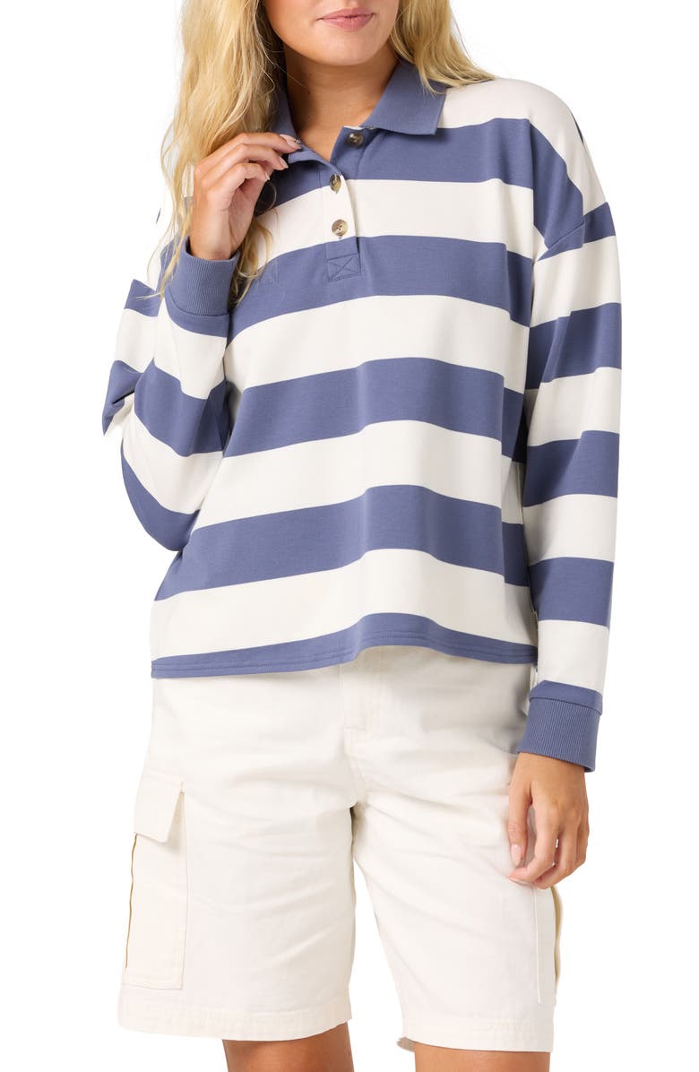 O'Neill Kyra Striped Long Sleeve Crop Polo, Alternate, color, Nightshadow Blue