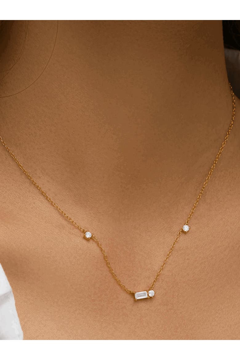 Starluxe Delicate Necklace with Three Round Cut and One Emerald Cut Cubic Zirconia Stones-Crystal Dream Necklace, Alternate, color, Gold