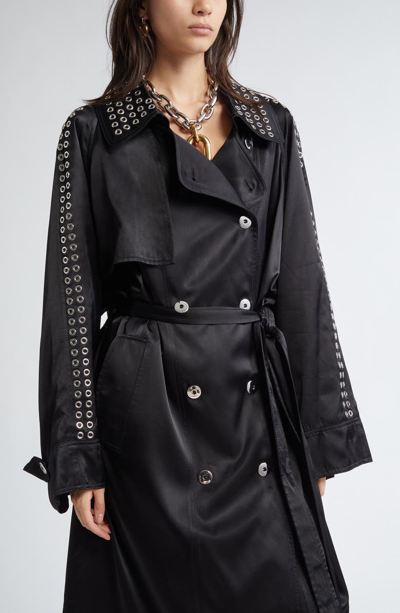 Rabanne Grommet Studded Oversize Satin Trench Coat, Alternate, color, 