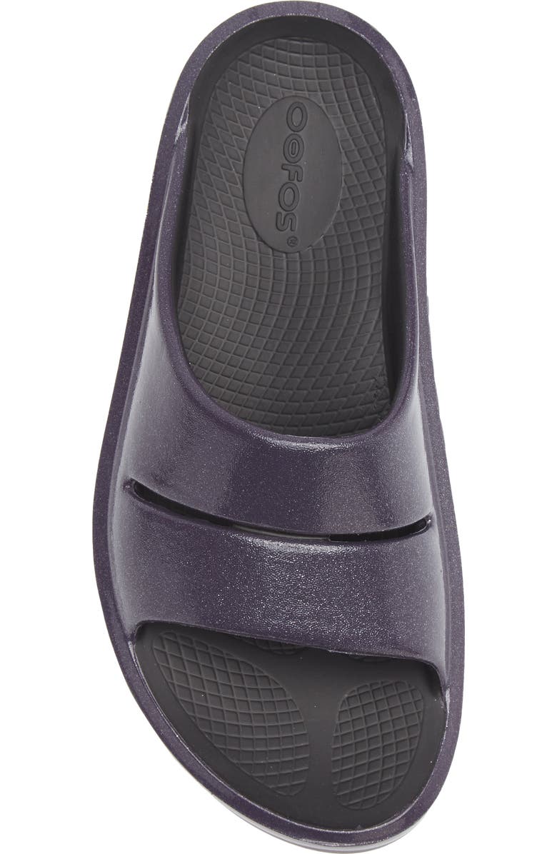 Oofos OOmega OOahh Slide Sandal, Alternate, color, Black/ Amethyst Sparkle
