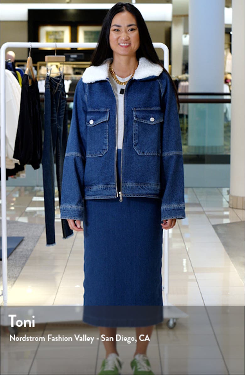 Cheyenne Faux Shearling Collar Denim Zip-Up Utility Jacket, sales video thumbnail