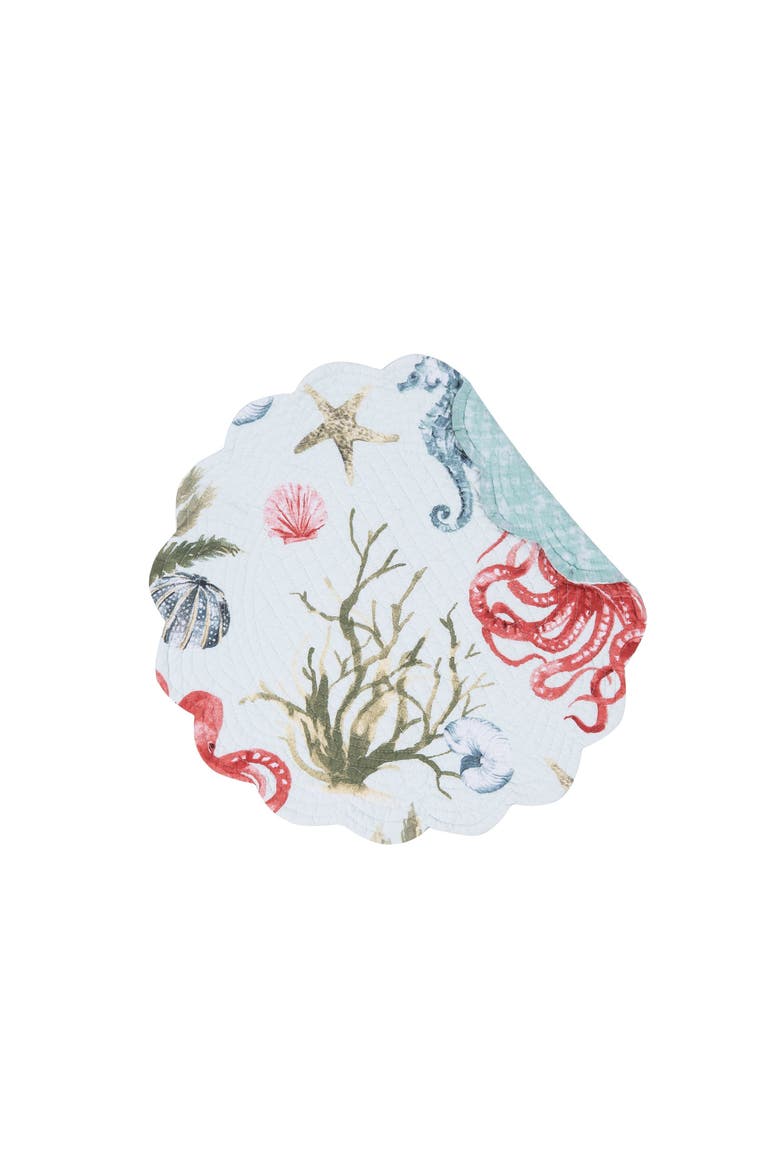 Behari Coastal Sea Life Cotton Quilted Round Reversible Placemats, Set of 6, 17", Main, color, Blue