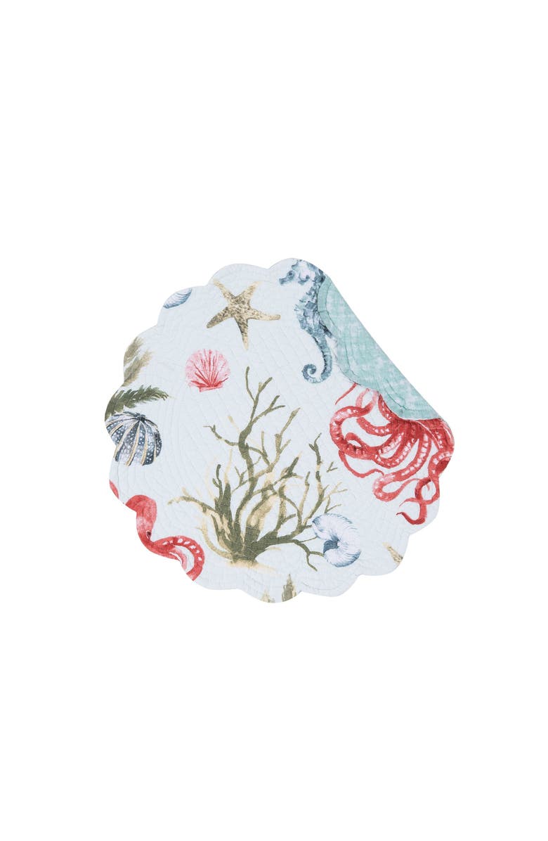 C&F Home Behari Coastal Sea Life Cotton Quilted Round Reversible Placemats, Set of 6, 17", Main, color, Blue
