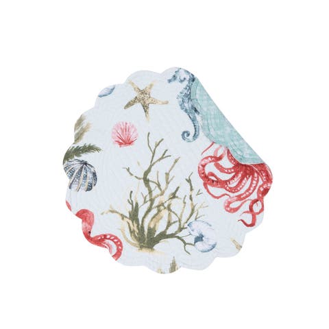 Behari Coastal Sea Life Cotton Quilted Round Reversible Placemats, Set of 6, 17"