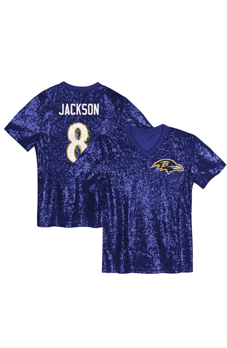 Outerstuff Girls Youth Lamar Jackson Purple Baltimore Ravens Sequin V-Neck Fashion Jersey, Main, color, Purple