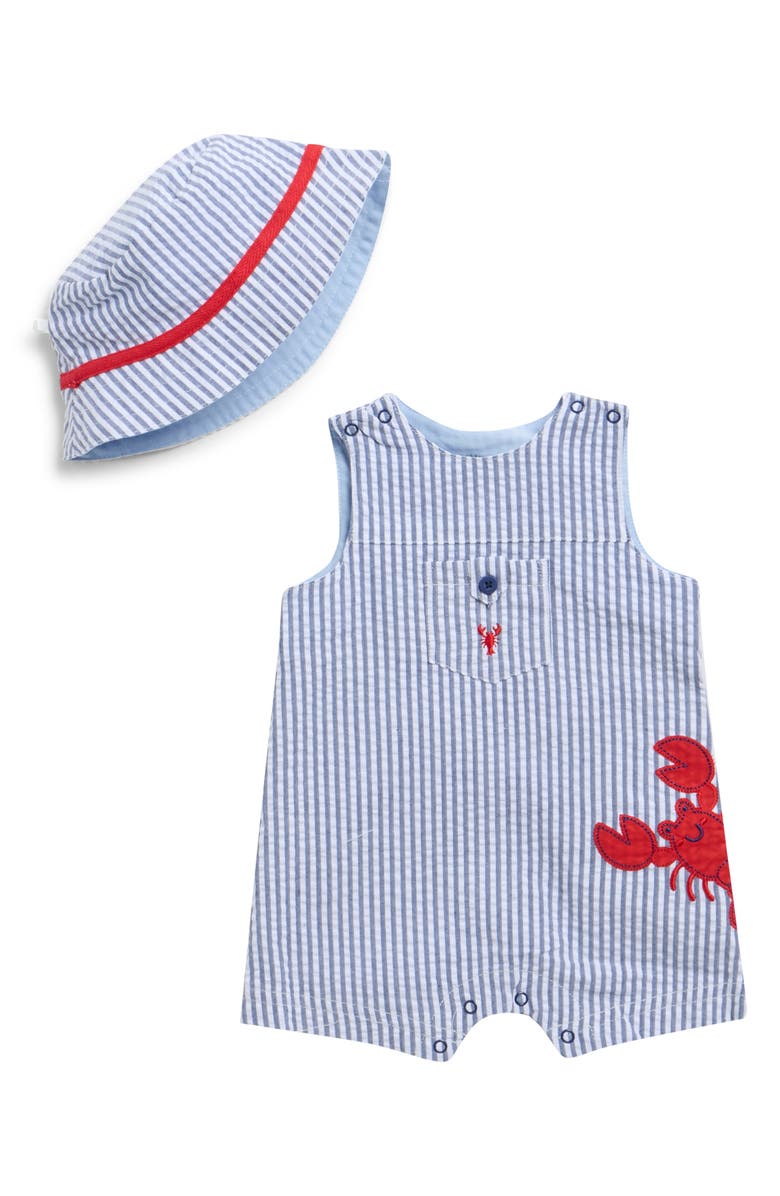 Little Me Lobster Detail Cotton Seersucker Shortalls & Hat Set, Main, color, Navy