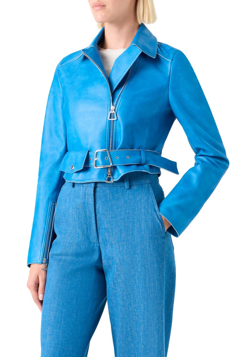 Akris Avril Lambskin Leather Biker Jacket, Alternate, color, Twilight