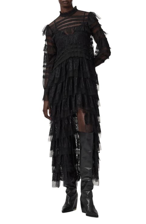 Cavarly Lace Ruffle Long Sleeve Maxi Dress