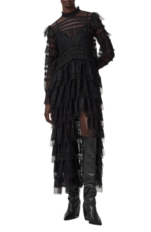 Allsaints Cavarly Lace Ruffle Long Sleeve Maxi Dress In Black