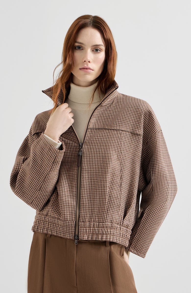 Brunello Cucinelli Sparkling houndstooth outerwear jacket, Main, color, Brown