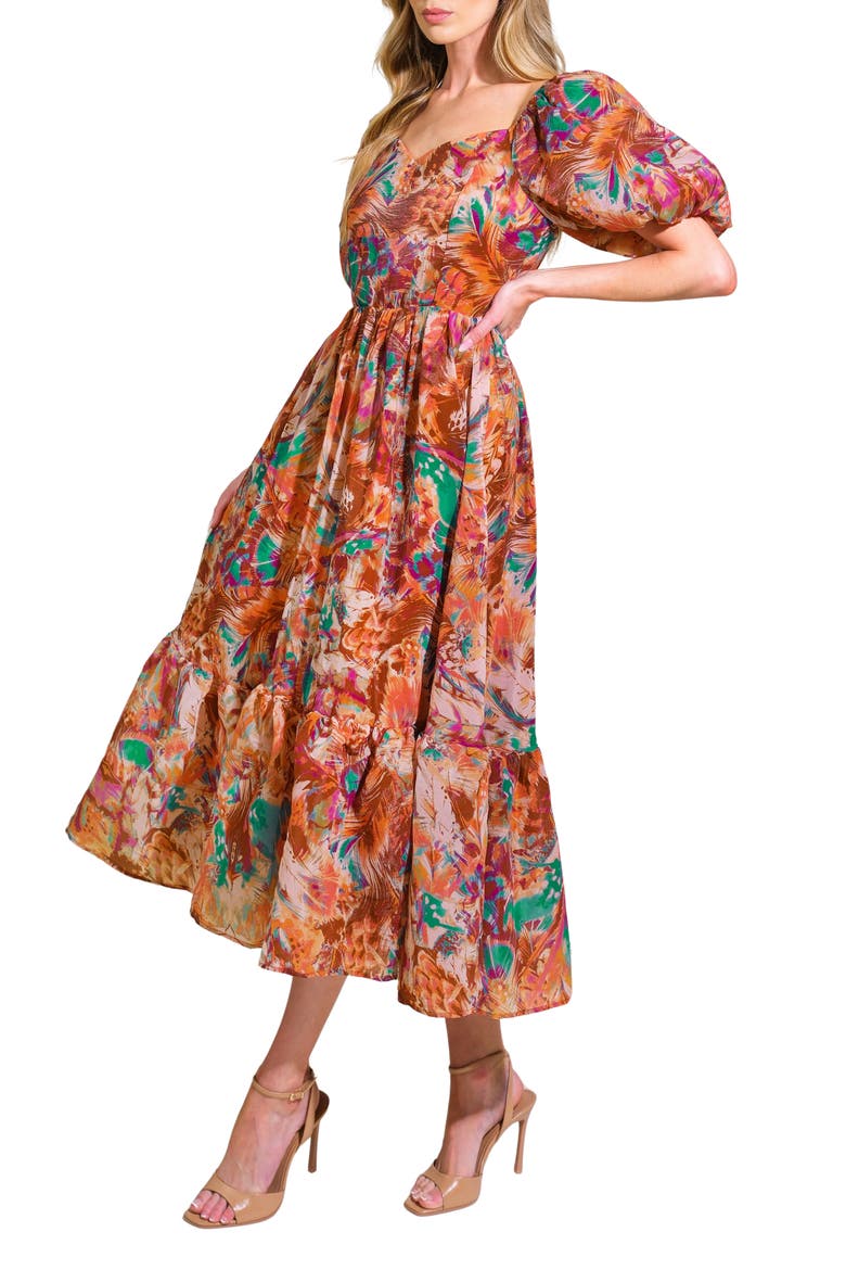 Puff Sleeve Tiered Midi Dress, Alternate, color, BROWN TURQUOISE