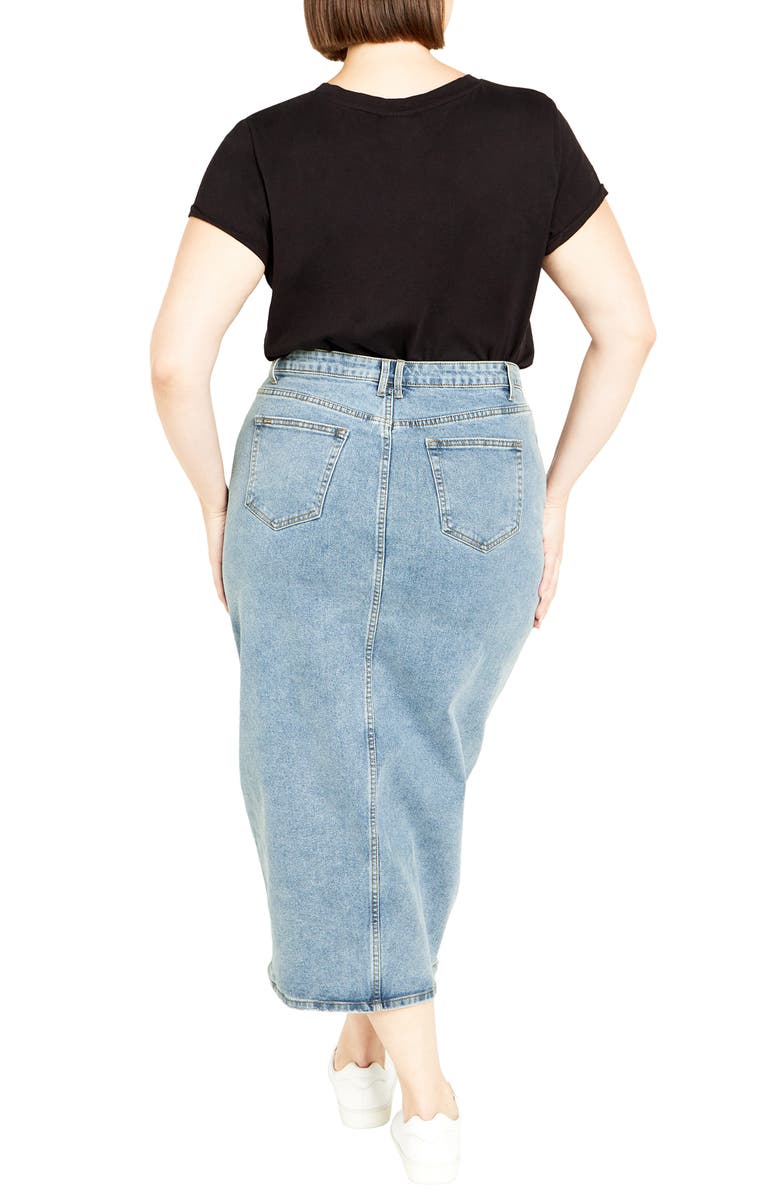 City Chic Oaklyn Front Slit Midi Denim Skirt, Alternate, color, Mid Denim