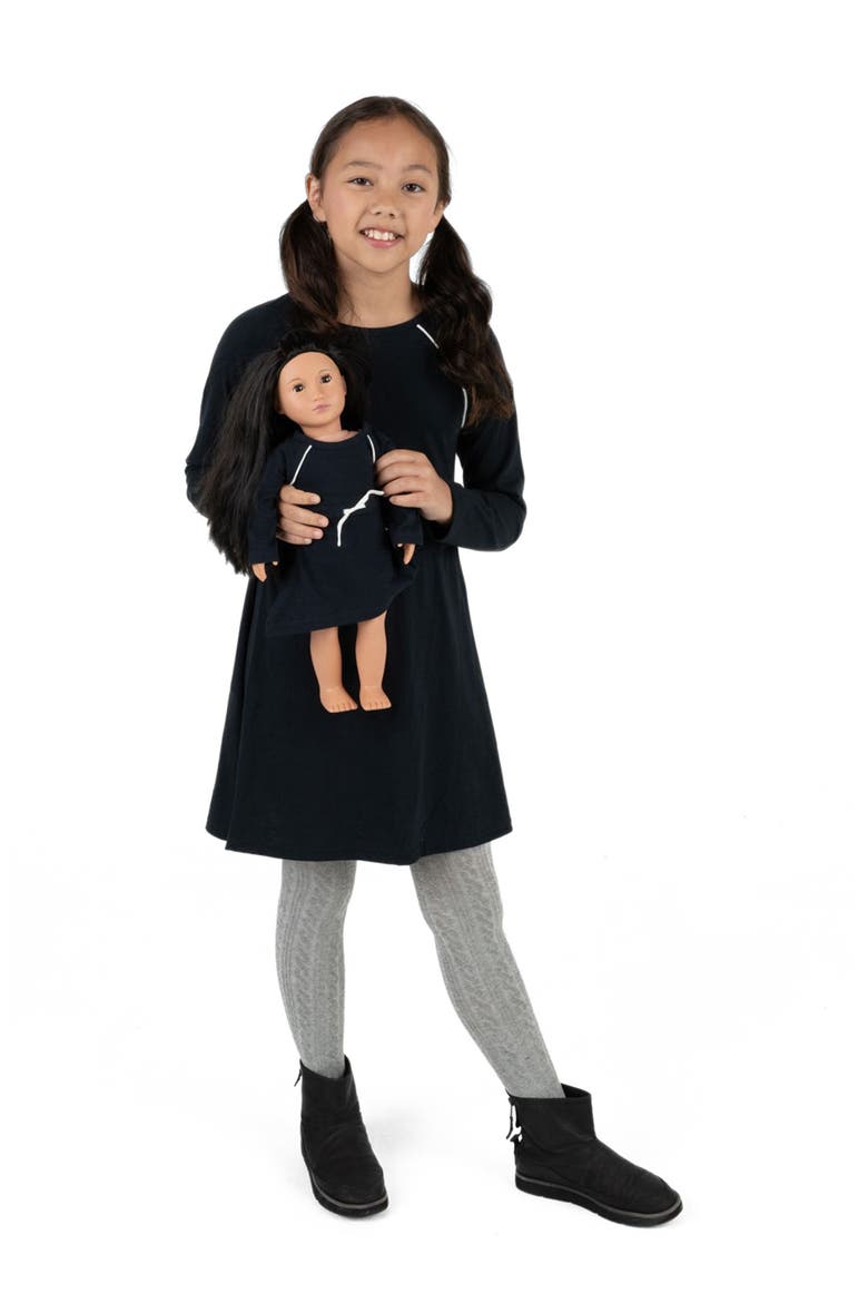 Girls Bow Tie Dress with Matching Doll Dress, Alternate, color, NAVY