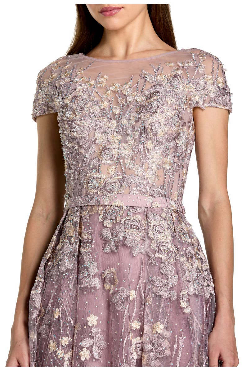 Mac Duggal Embroidered Cap Sleeve High Neck Midi Dress, Alternate, color, Vintage Lilac
