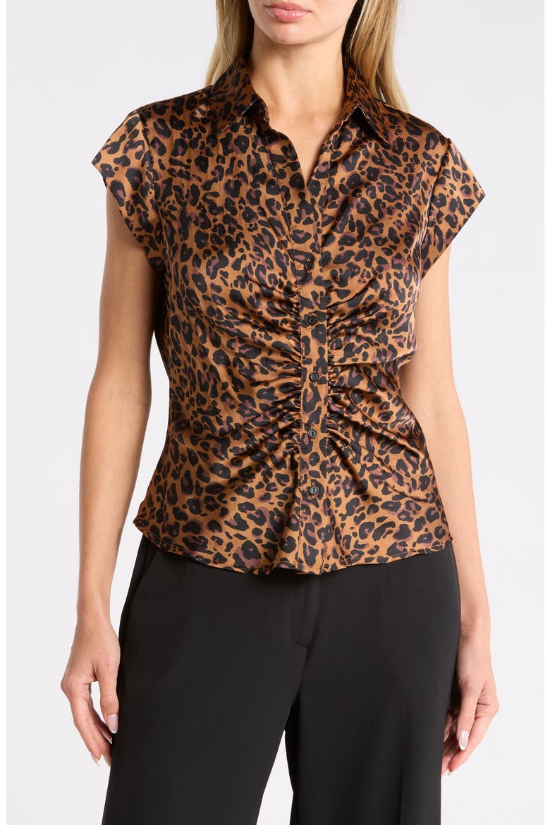 Ruched Satin Button-Front Cap Sleeve Blouse, Main, color, N394 BROWN