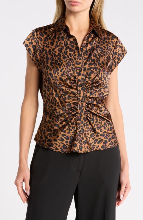 Ruched Satin Button-Front Cap Sleeve Blouse