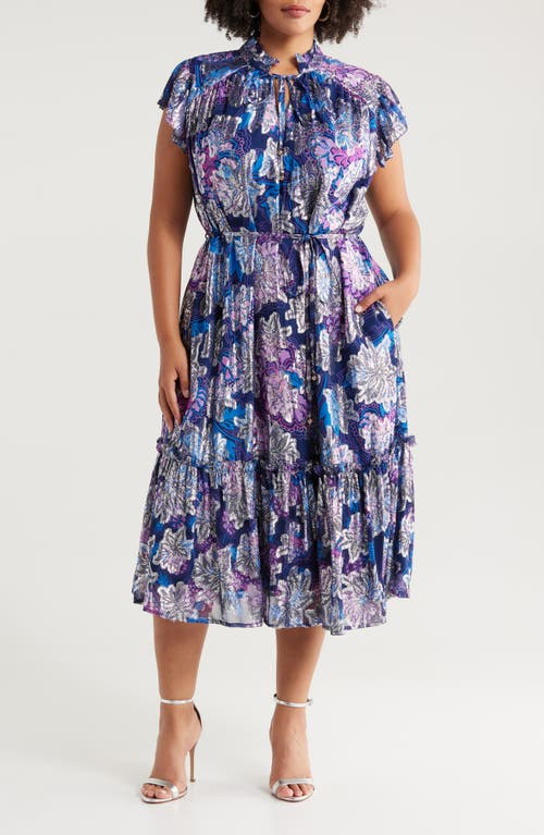 CIEBON Hilma Metallic Floral Print A-Line Dress in Blue Multi 