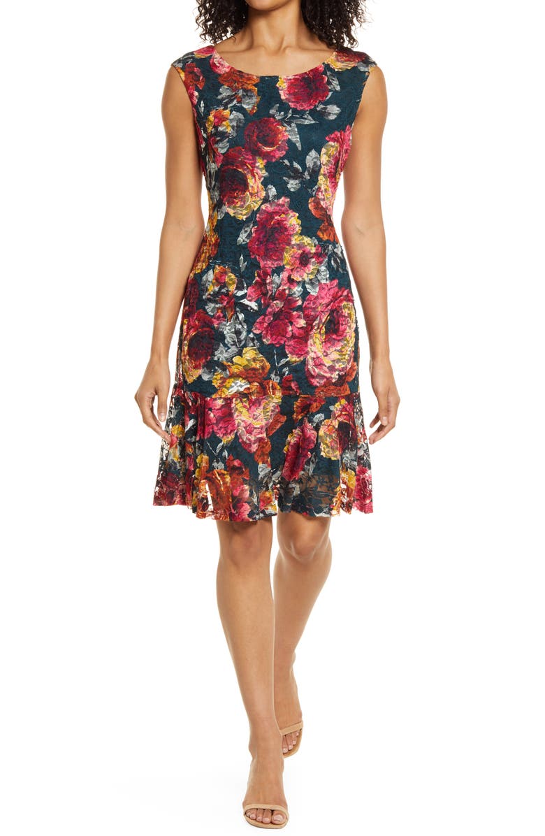 Connected Apparel Floral Print Lace & Ruffle Sheath Dress, Main, color, 