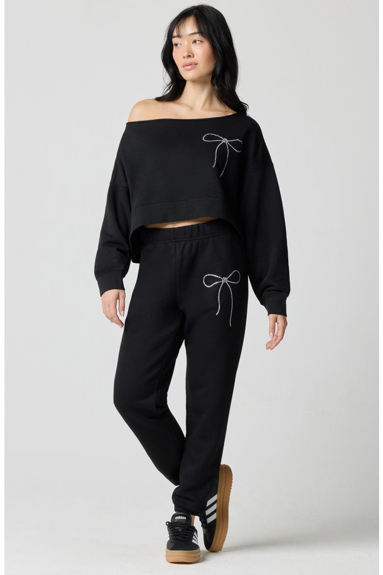 Crystal Bow Off the Shoulder Crop Sweatshirt, Alternate, color, BLACK
