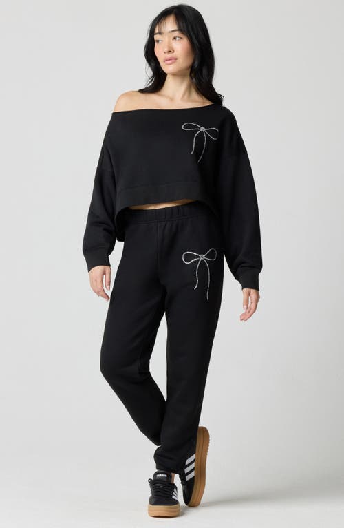 Florence By Mills Crystal Bow Off The Shoulder Crop Sweatshirt In Black