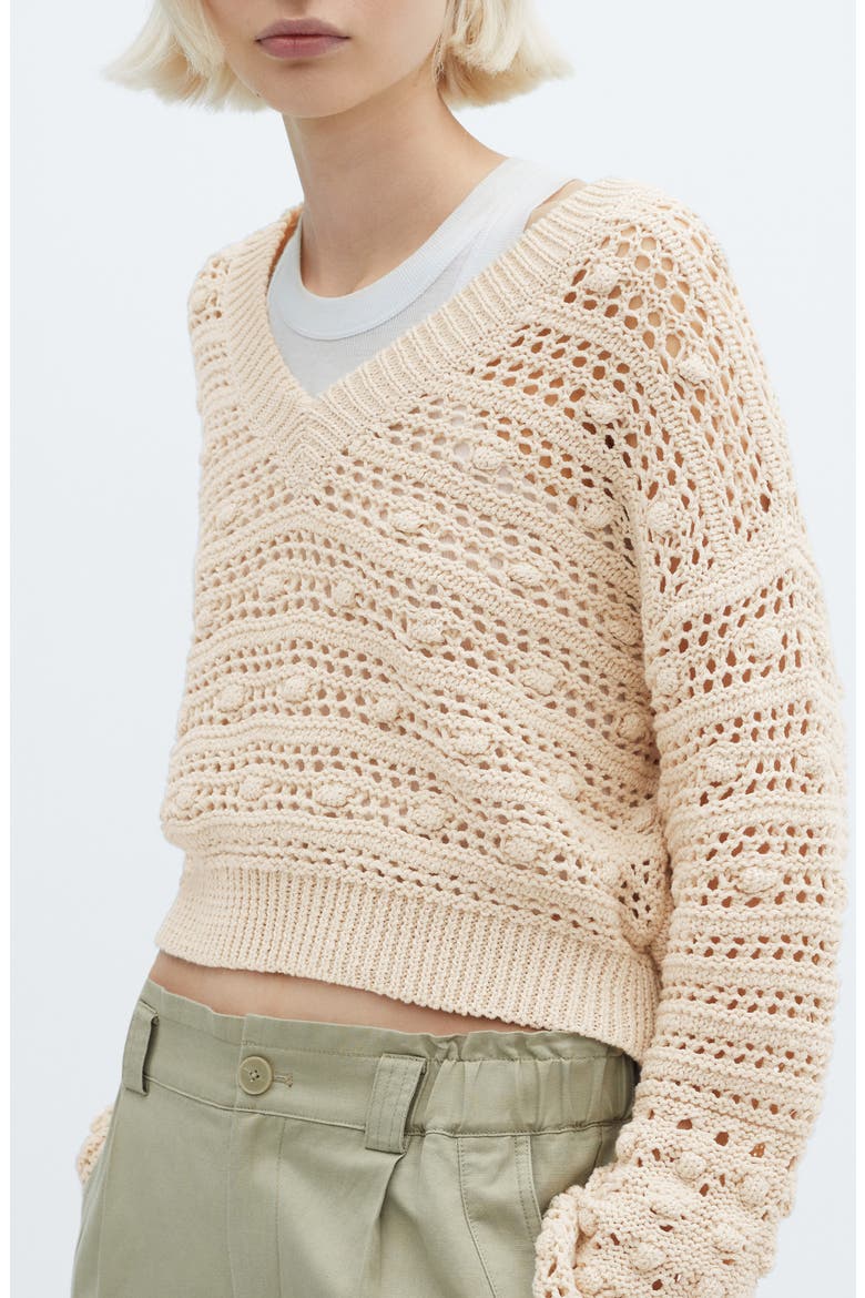 Openwork Stitch V-Neck Sweater, Alternate, color, LIGHT BEIGE