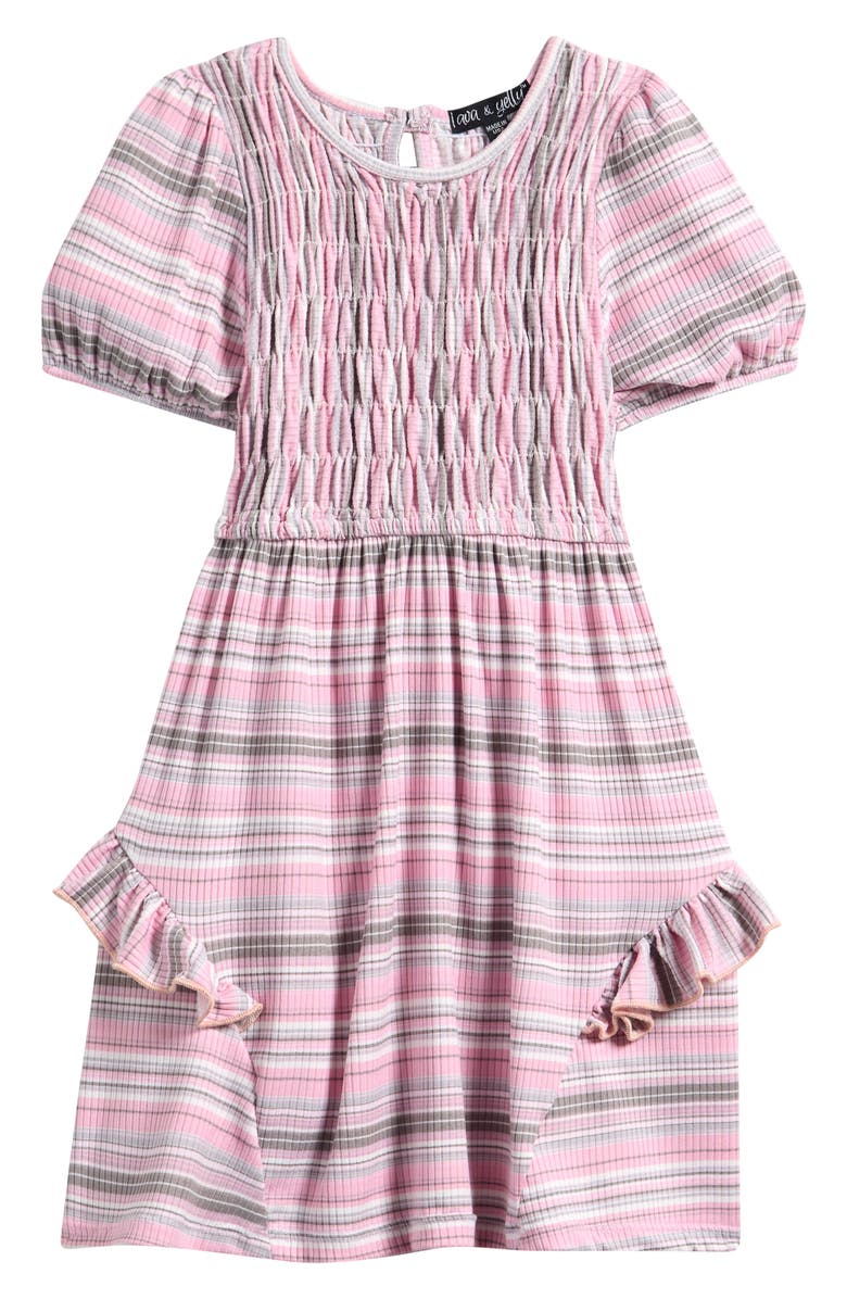 Ava & Yelly Kids' Stripe Ruched Bodice Dress, Main, color, Pink