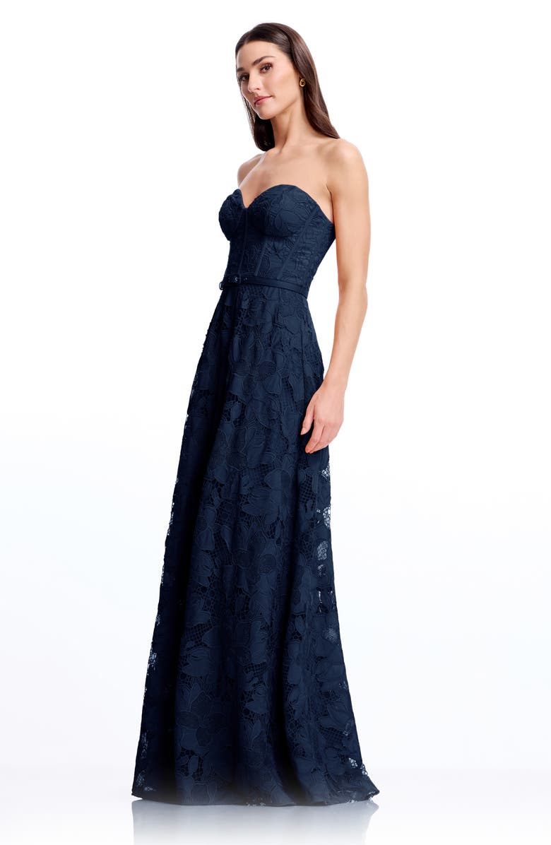 Dress the Population Pierson Floral Lace Belted Strapless Gown, Alternate, color, Navy