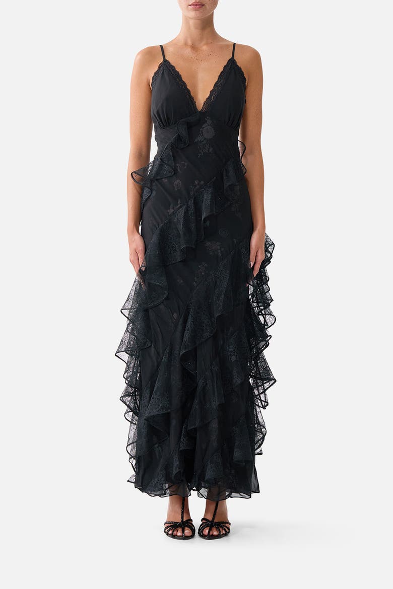 Asymmetrical Ruffle Slip Dress, Main, color, Night Garden