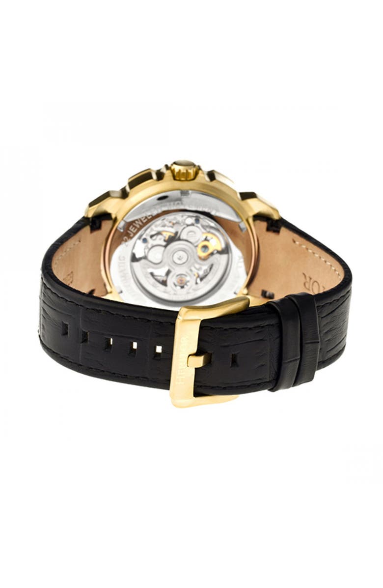 Heritor Automatic Conrad Skeleton Leather-Band Watch, Alternate, color, Gold/Black